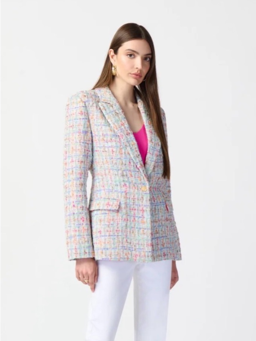 Joseph Ribkoff Pastel Bouclé Tweed Blazer Gold Button Pink Lining Size 10